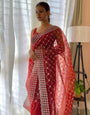 Dark Red Organza Saree With Embroidery Thread With Cut Work