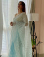 Sky Blue Organza Saree With Embroidery Thread With Cut Work