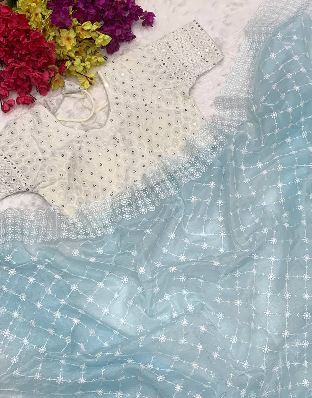 Sky Blue Organza Saree With Embroidery Thread With Cut Work