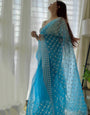 Firozi Organza Saree With Embroidery Thread With Cut Work