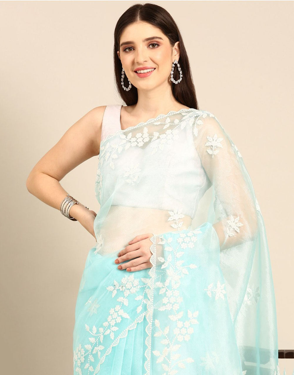 Sky Blue Organza Saree With Embroidery Work