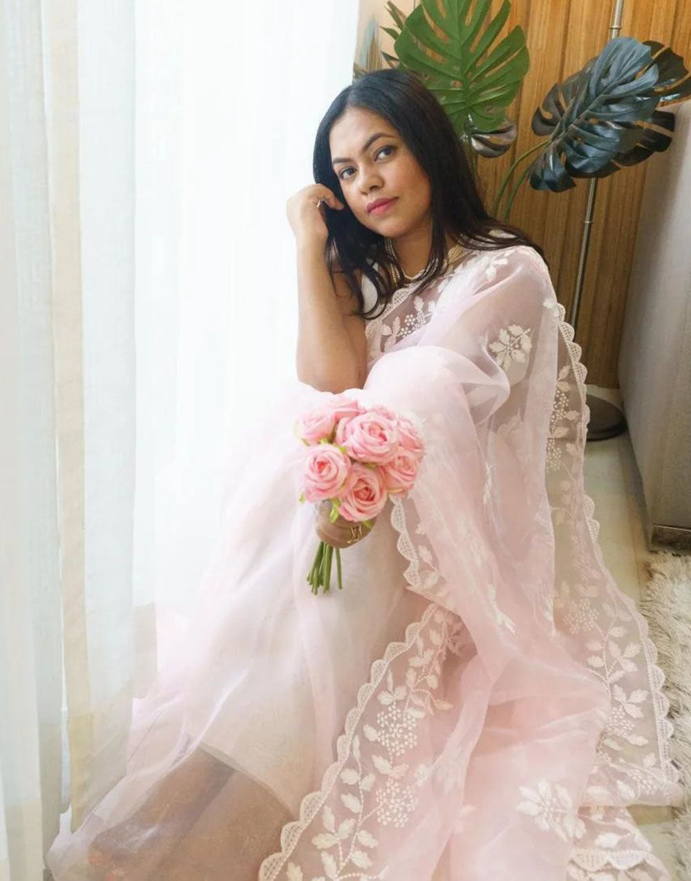 Light Pink Organza Saree With Embroidery Work