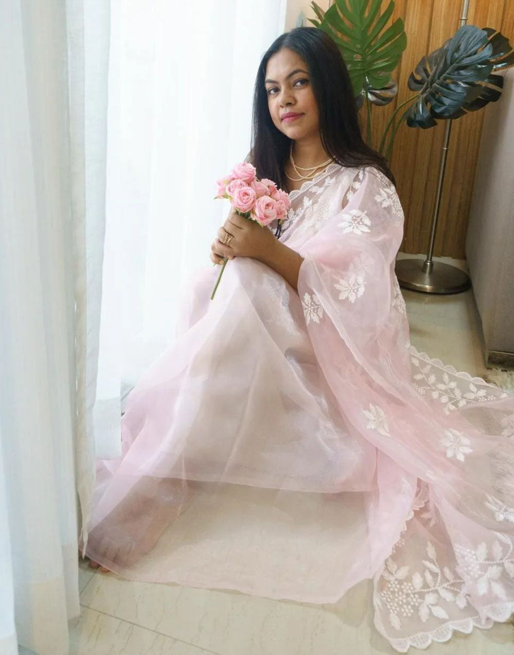 Light Pink Organza Saree With Embroidery Work