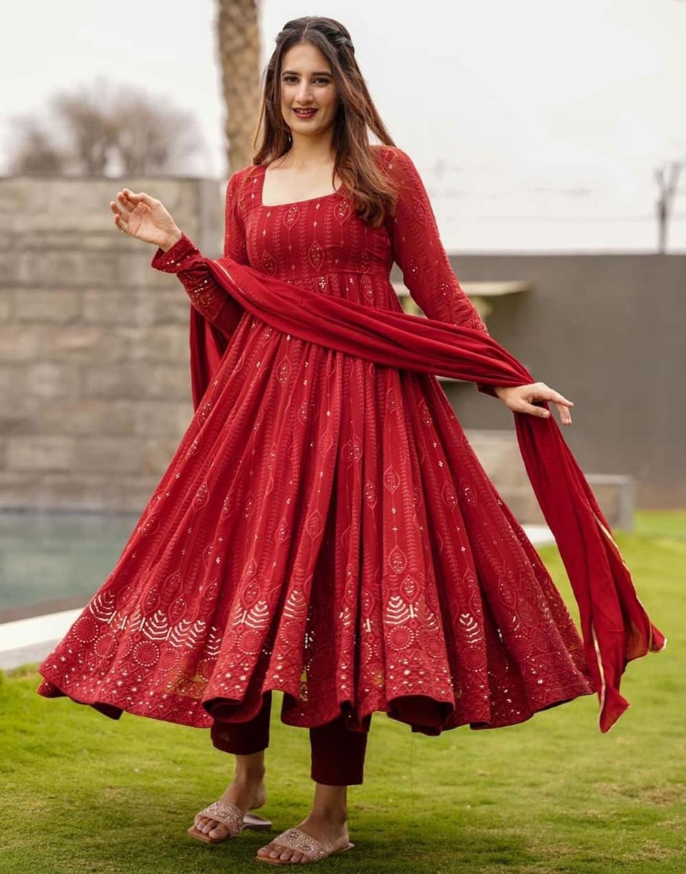 Venetian Red Georgette Embroidery & Sequence Work Anarkali Set