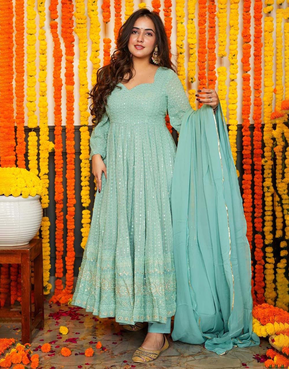 Pale Teal Blue Georgette Embroidery & Sequence Work Anarkali Set