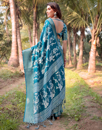 Teal Blue Silk Saree With Digital Printed Work