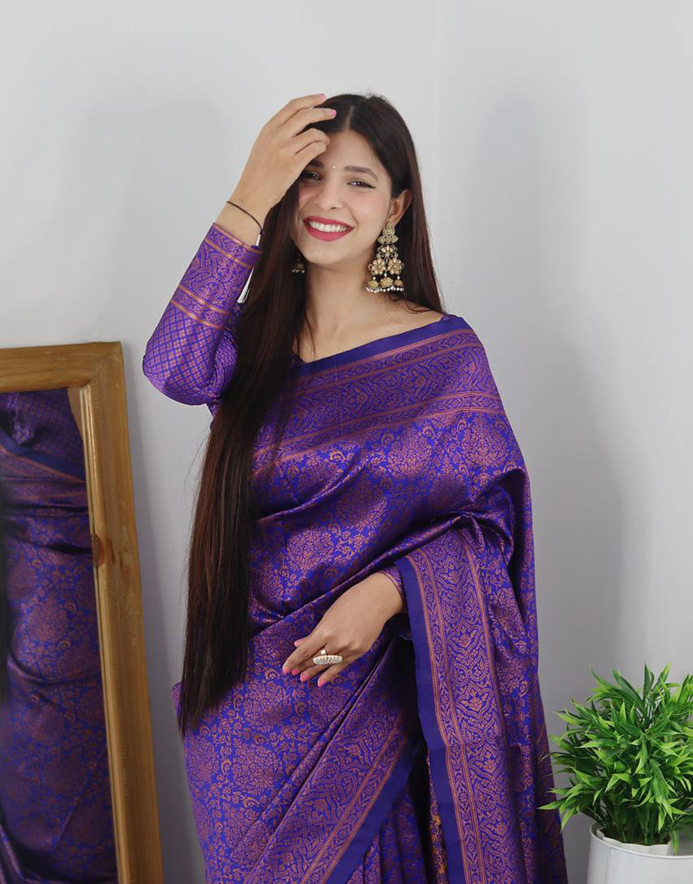 Purple Banarasi Silk Saree With Copper Zari Weaving Work