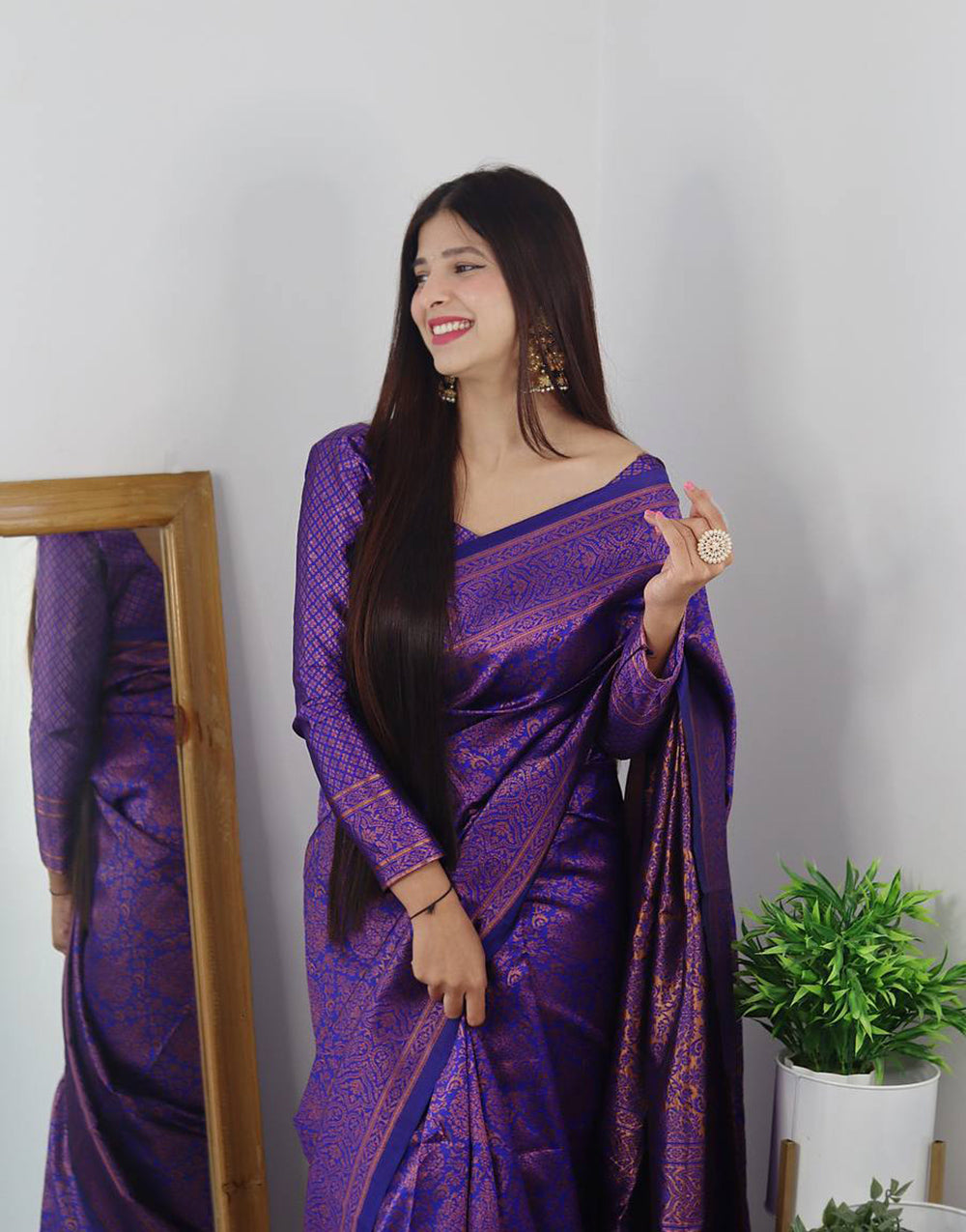 Purple Banarasi Silk Saree With Copper Zari Weaving Work