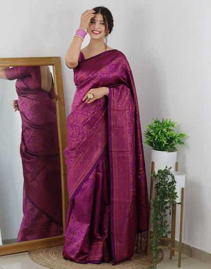 Magenta Banarasi Silk Saree With Copper Zari Weaving Work