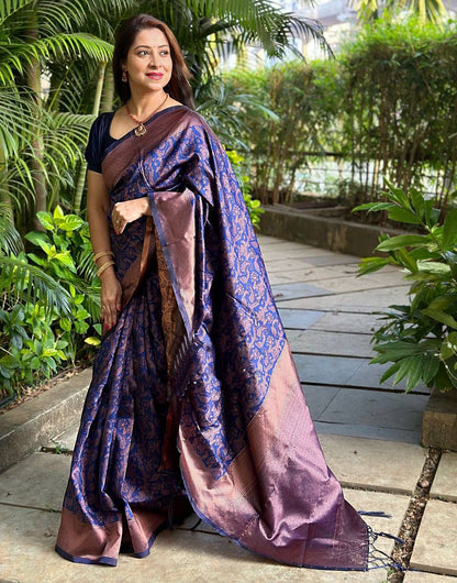 Blue Banarasi Silk Saree With Copper Zari Weaving Work