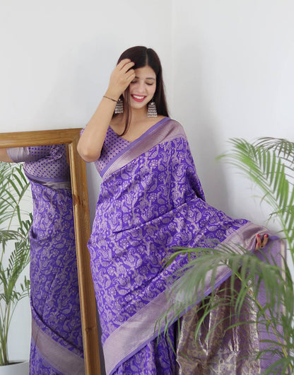 Purple Banarasi Silk Saree With Copper Zari Weaving Work