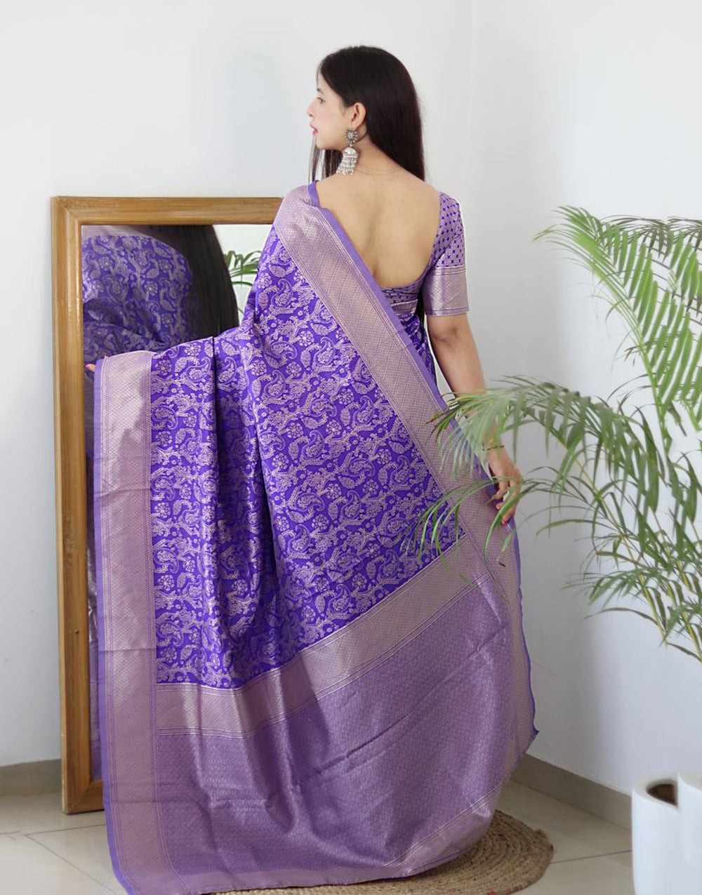 Purple Banarasi Silk Saree With Copper Zari Weaving Work