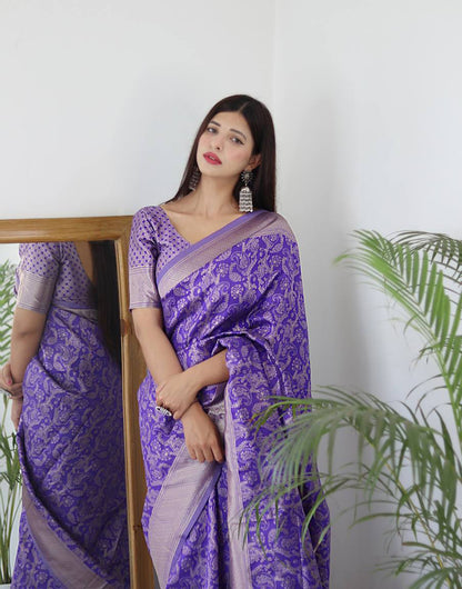 Purple Banarasi Silk Saree With Copper Zari Weaving Work