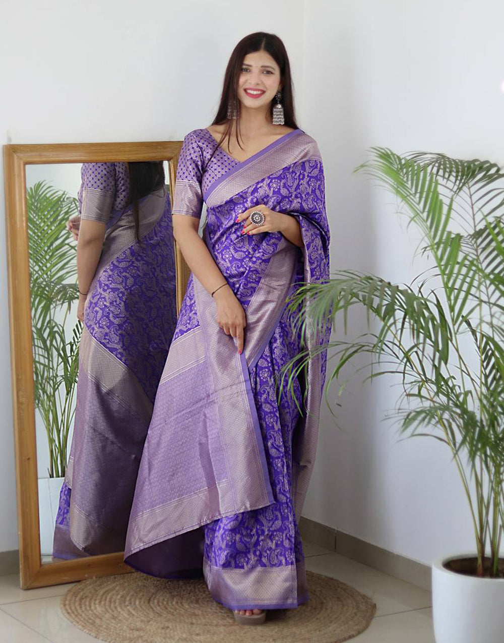 Purple Banarasi Silk Saree With Copper Zari Weaving Work