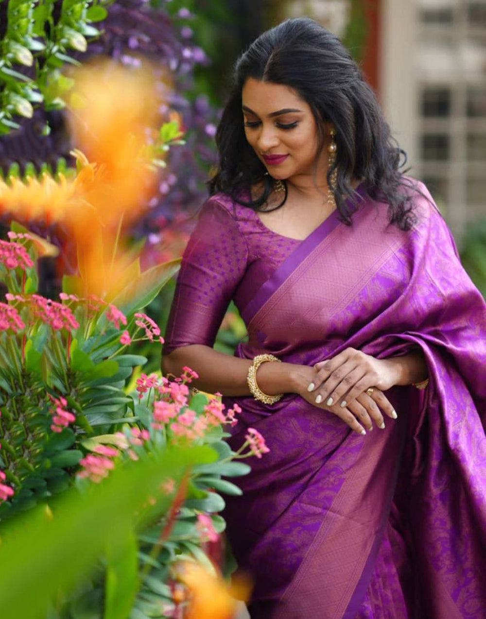 Purple Banarasi Silk Saree With Copper Zari Weaving Work