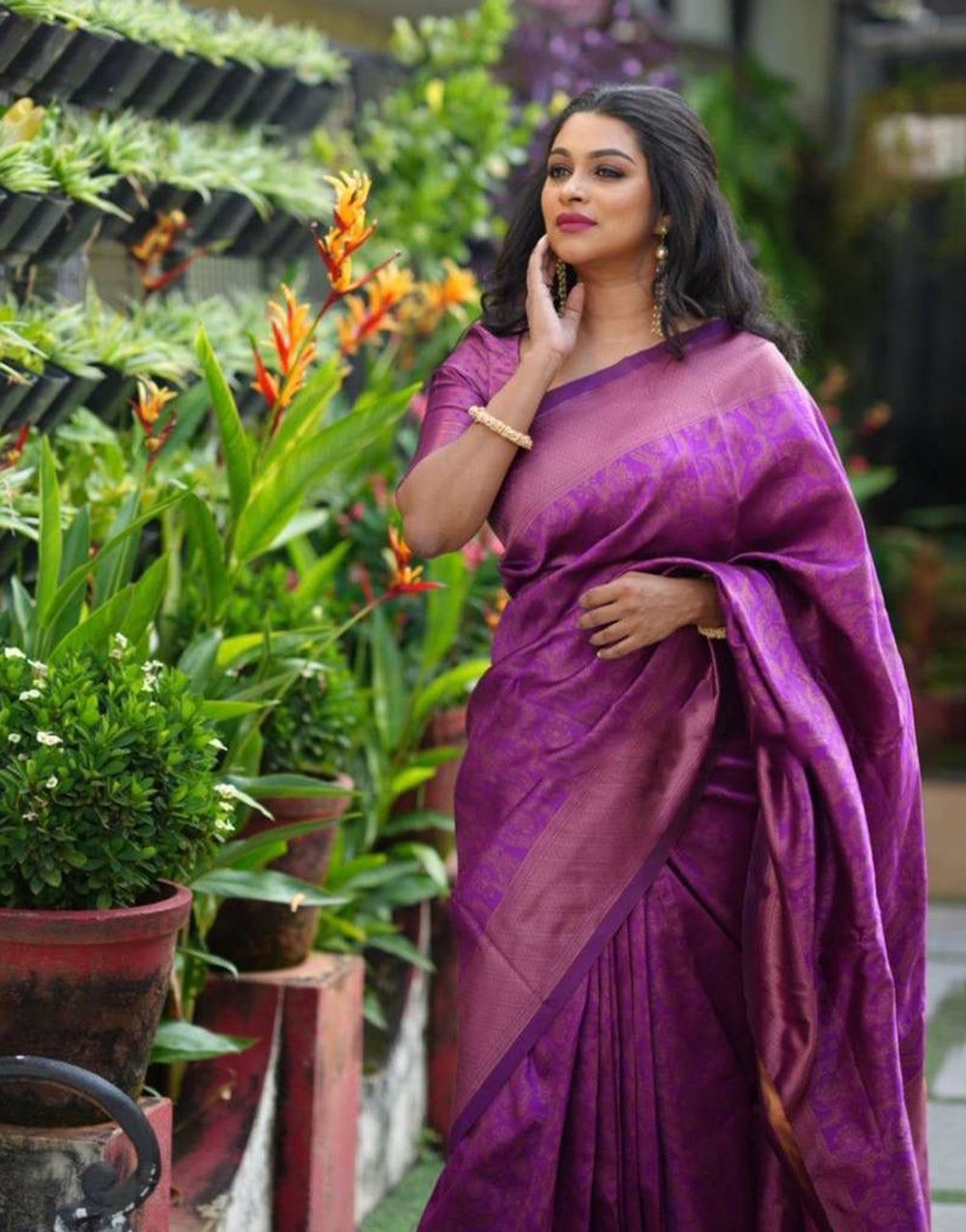 Purple Banarasi Silk Saree With Copper Zari Weaving Work