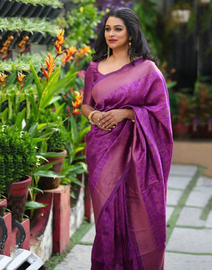 Purple Banarasi Silk Saree With Copper Zari Weaving Work