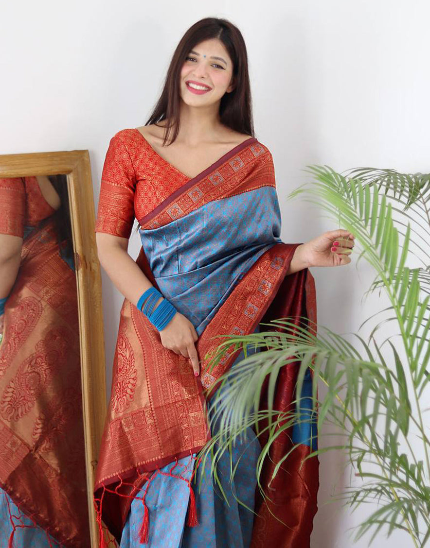 Blue Banarasi Silk Saree With Zari Weaving Work