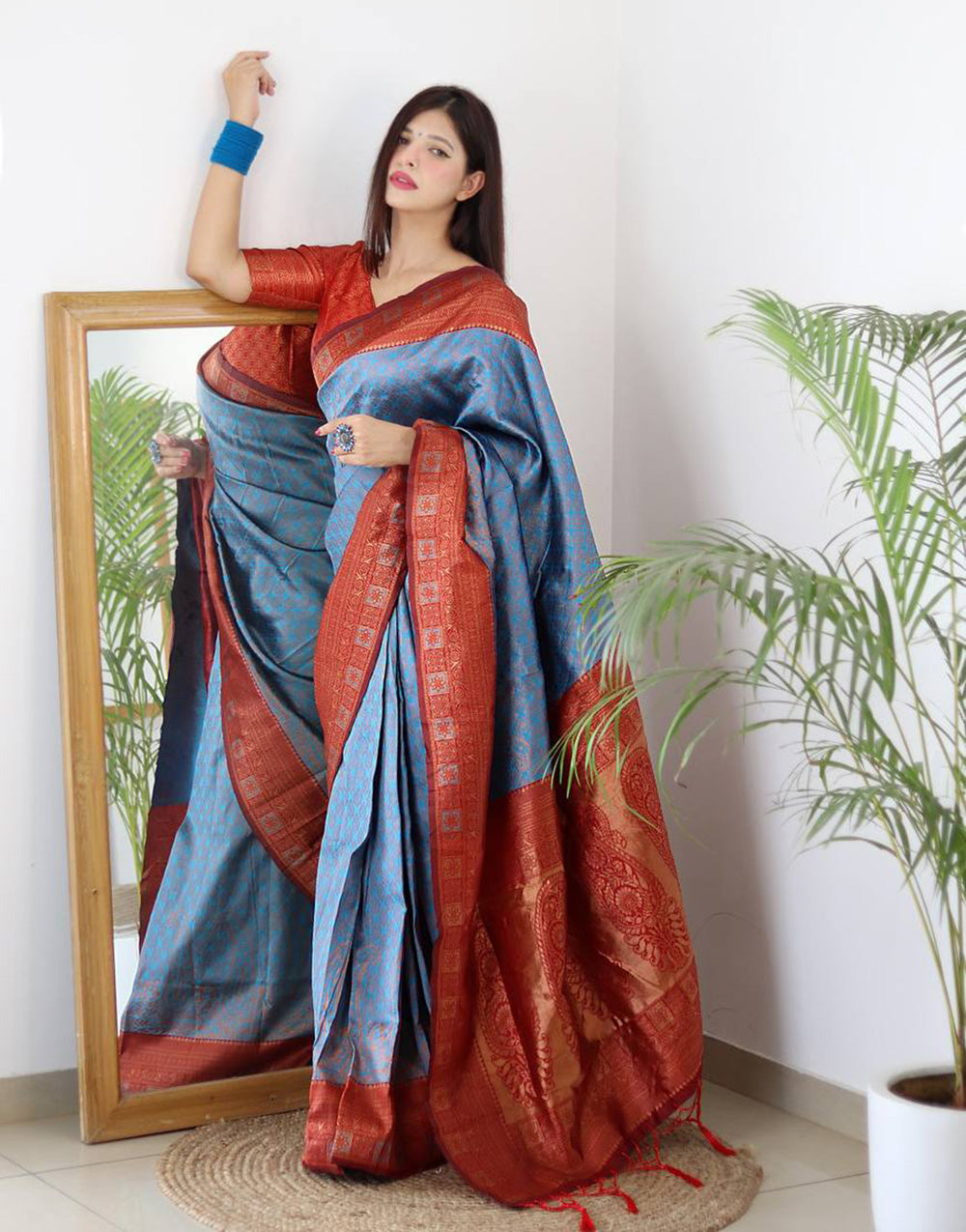 Blue Banarasi Silk Saree With Zari Weaving Work