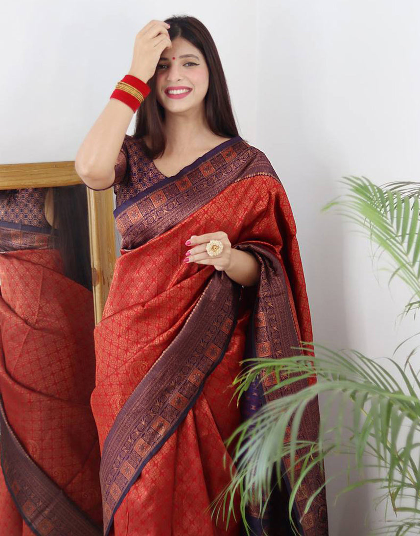 Red Banarasi Silk Saree With Zari Weaving Work