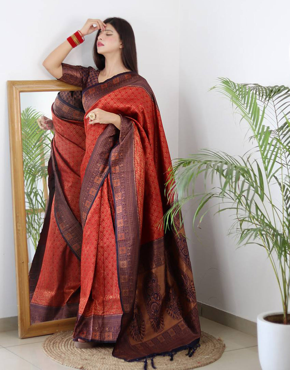 Red Banarasi Silk Saree With Zari Weaving Work