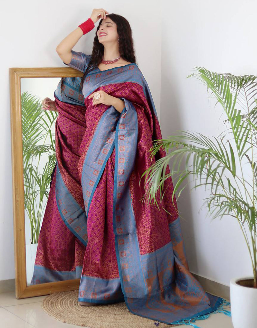 Magenta Banarasi Silk Saree With Zari Weaving Work