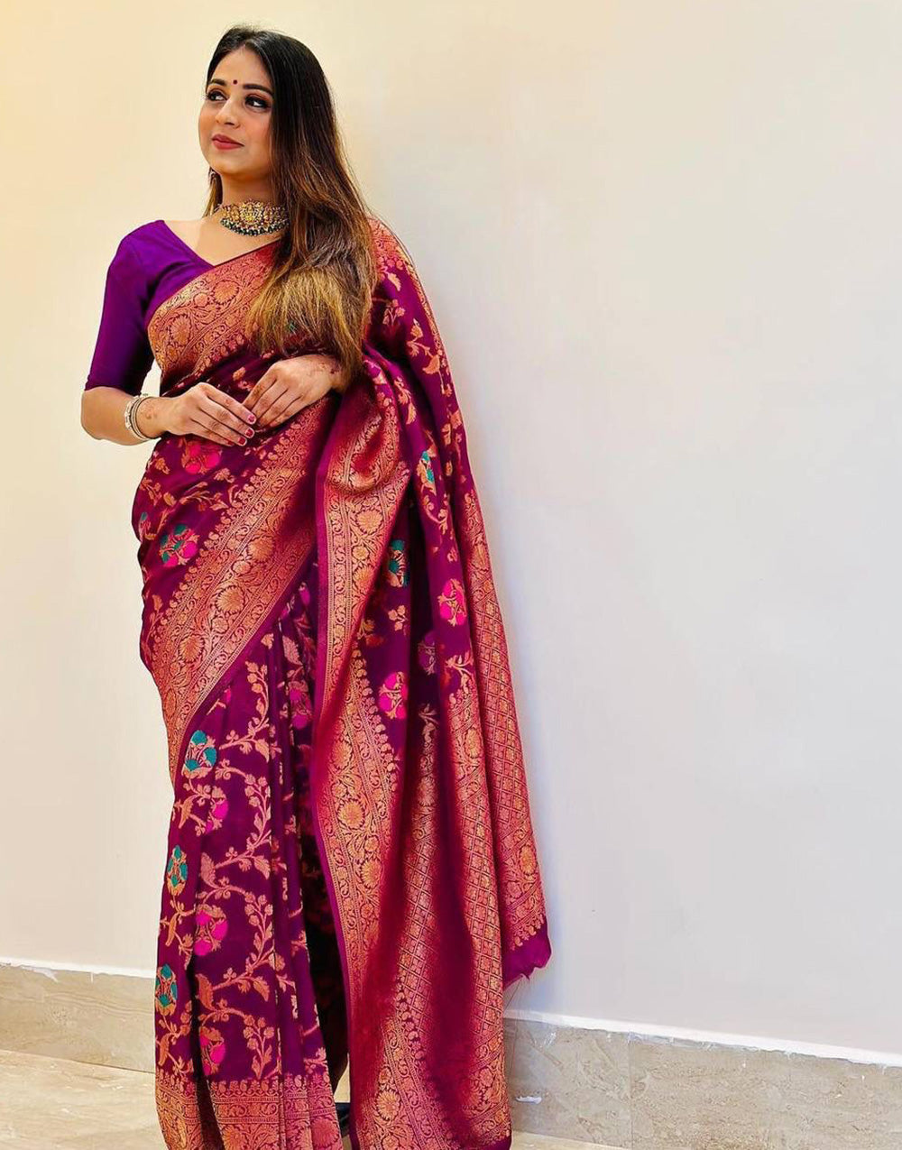 Purple Banarasi Silk Saree With Copperc Zari Weaving Work