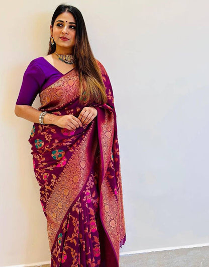 Purple Banarasi Silk Saree With Copperc Zari Weaving Work