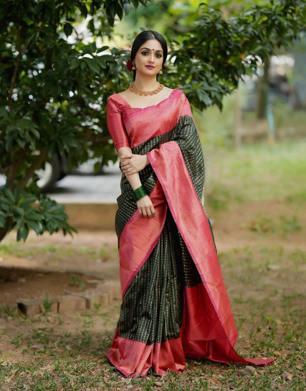 Green Banarasi Silk Saree With Copper Zari Weaving Work