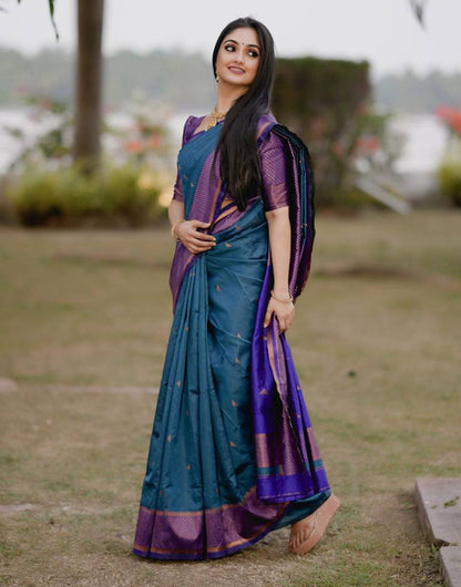 Rama With Royal Blue Banarasi Silk Saree With Copper Zari Weaving Work