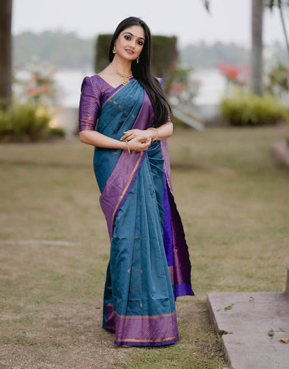 Rama With Royal Blue Banarasi Silk Saree With Copper Zari Weaving Work