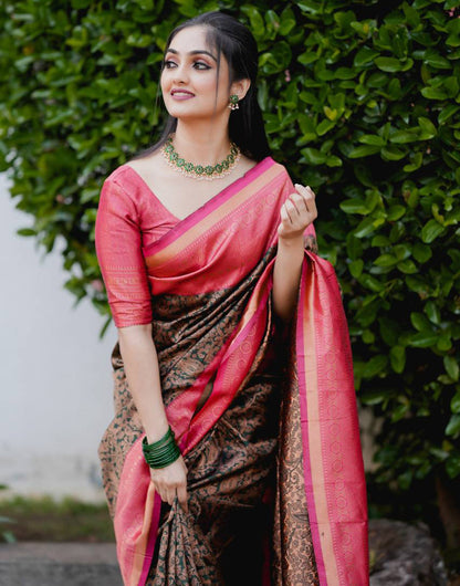 Green Banarasi Silk Saree With Copper Zari Weaving Work