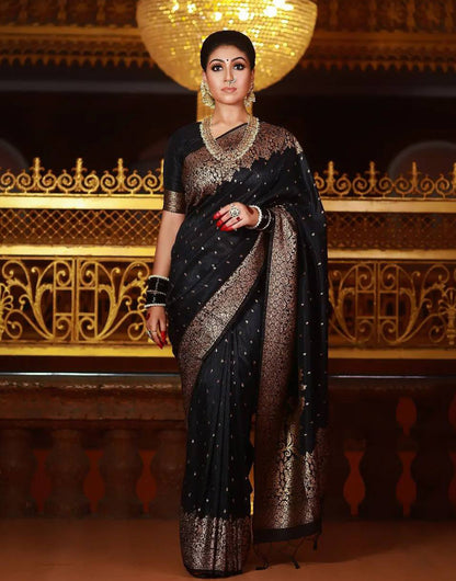 Black Banarasi Silk Saree With Copper Zari Weaving Work