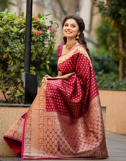 Maroon Banarasi Silk Saree With Copper Zari Weaving Work