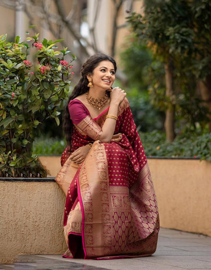 Maroon Banarasi Silk Saree With Copper Zari Weaving Work