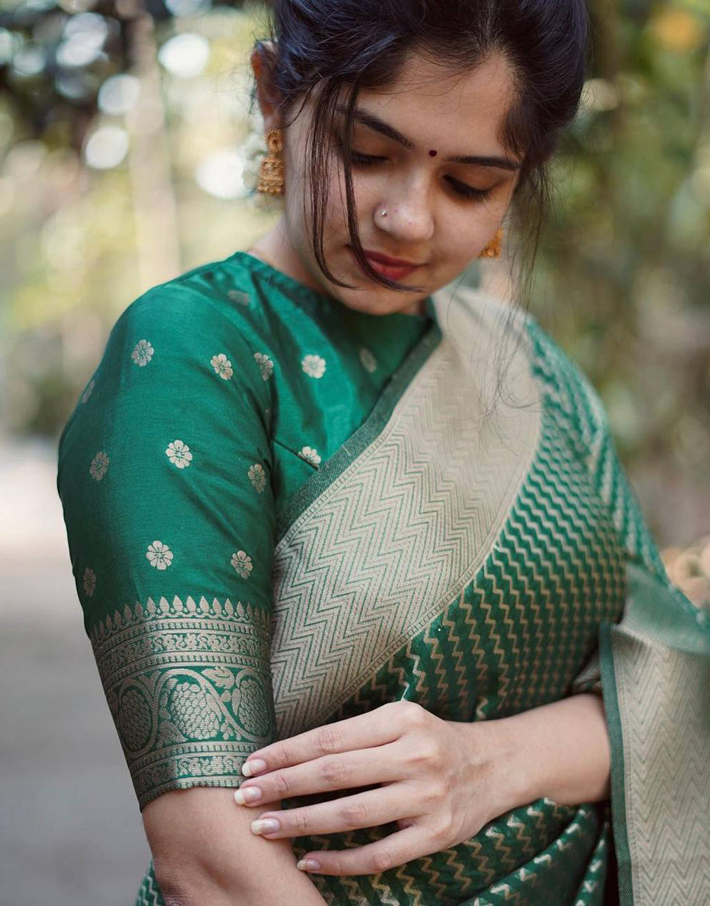 Green Banarasi Silk Saree With Copper Zari Weaving Work