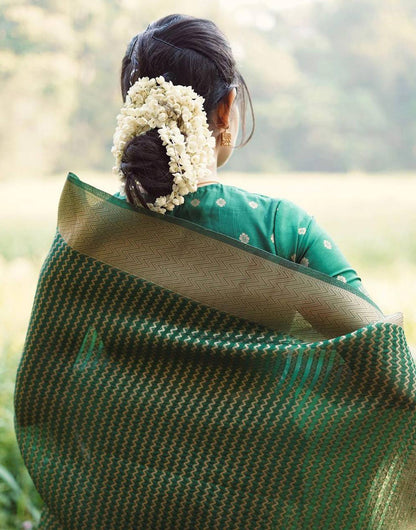 Green Banarasi Silk Saree With Copper Zari Weaving Work