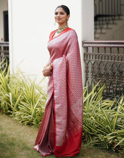 Light Red Banarasi Soft Silk Saree With Zari Weaving Work