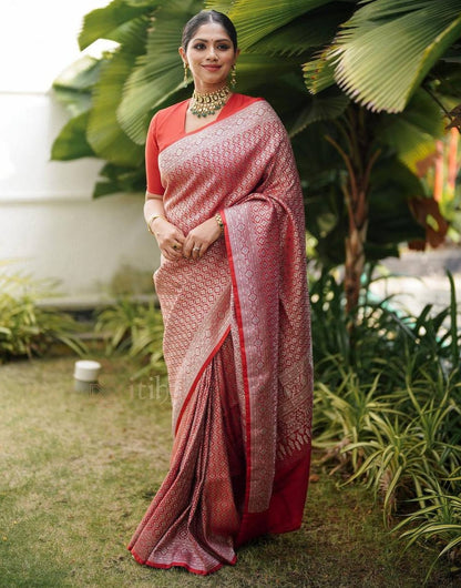 Light Red Banarasi Soft Silk Saree With Zari Weaving Work