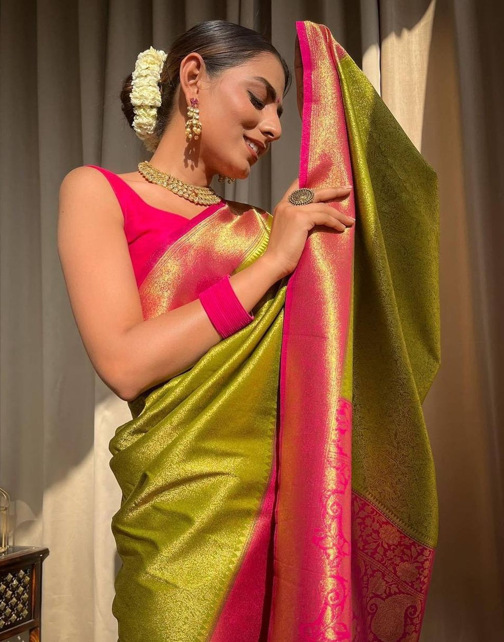 Lime Green & Pink Banarasi Soft Silk Saree With Zari Weaving Work