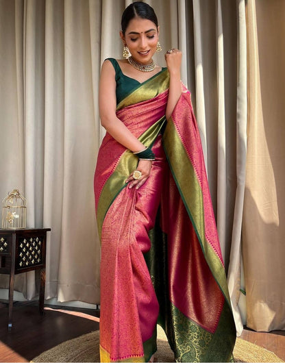 Pink & Green Border Banarasi Soft Silk Saree With Zari Weaving Work