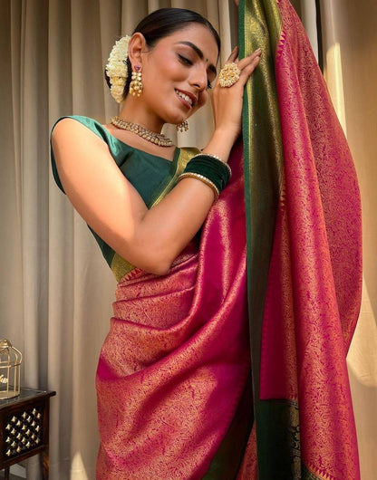 Pink & Green Border Banarasi Soft Silk Saree With Zari Weaving Work