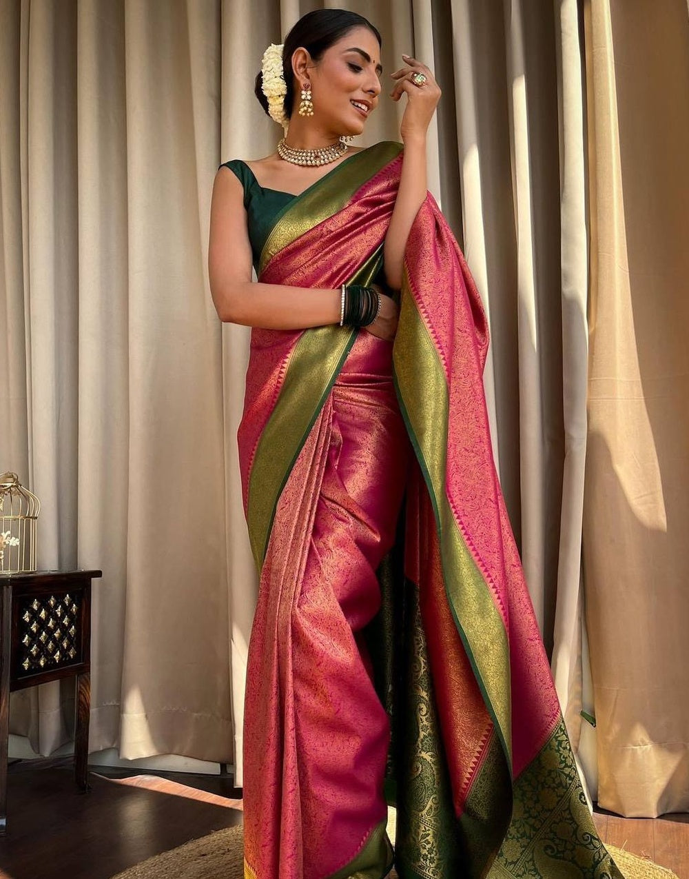 Pink & Green Border Banarasi Soft Silk Saree With Zari Weaving Work