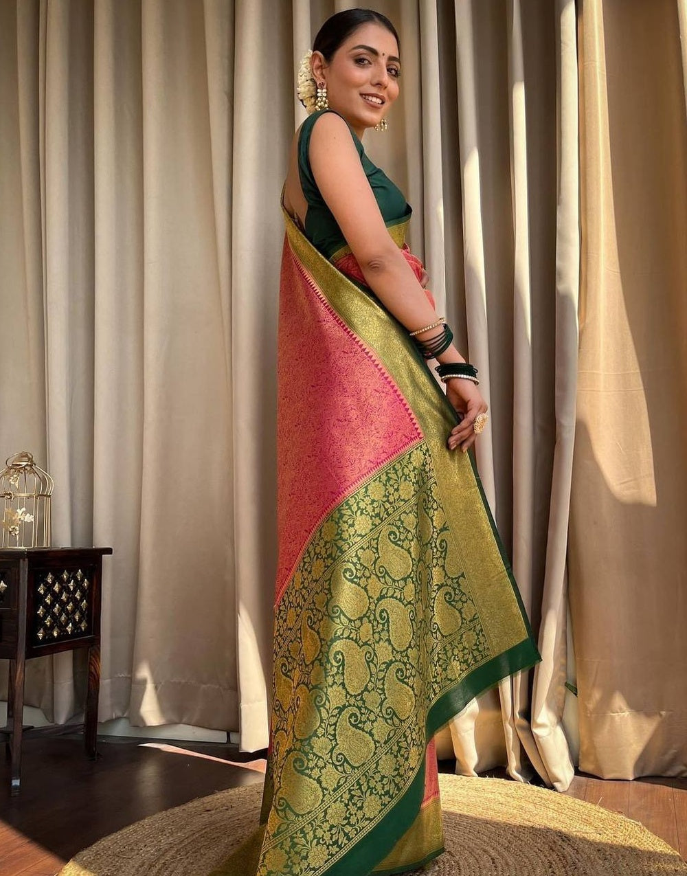 Pink & Green Border Banarasi Soft Silk Saree With Zari Weaving Work