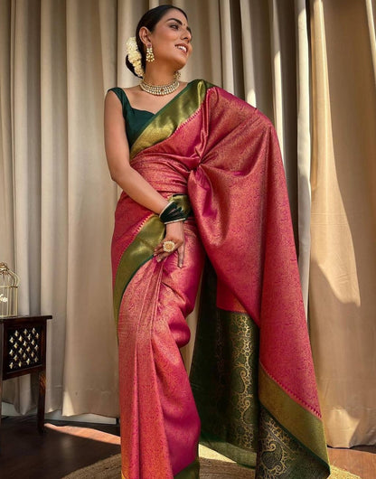 Pink & Green Border Banarasi Soft Silk Saree With Zari Weaving Work