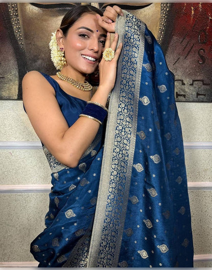 Blue Banarasi Soft Silk Saree With Zari Weaving Work