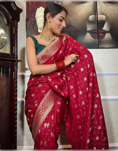 Dark Red Banarasi Soft Silk Saree With Zari Weaving Work