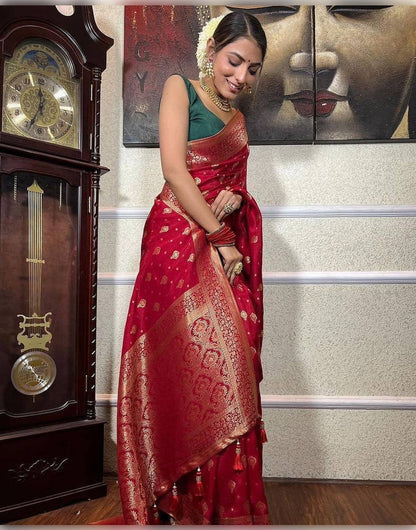 Dark Red Banarasi Soft Silk Saree With Zari Weaving Work