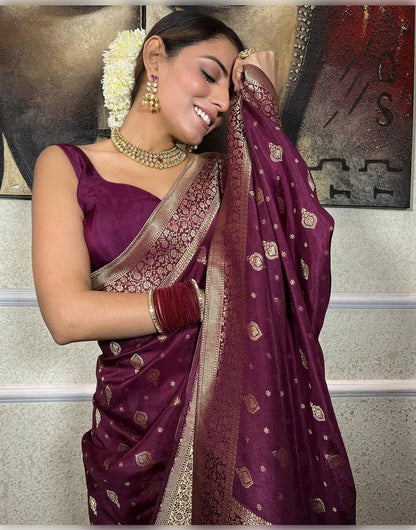 Wine Banarasi Soft Silk Saree With Zari Weaving Work