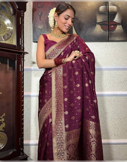 Wine Banarasi Soft Silk Saree With Zari Weaving Work